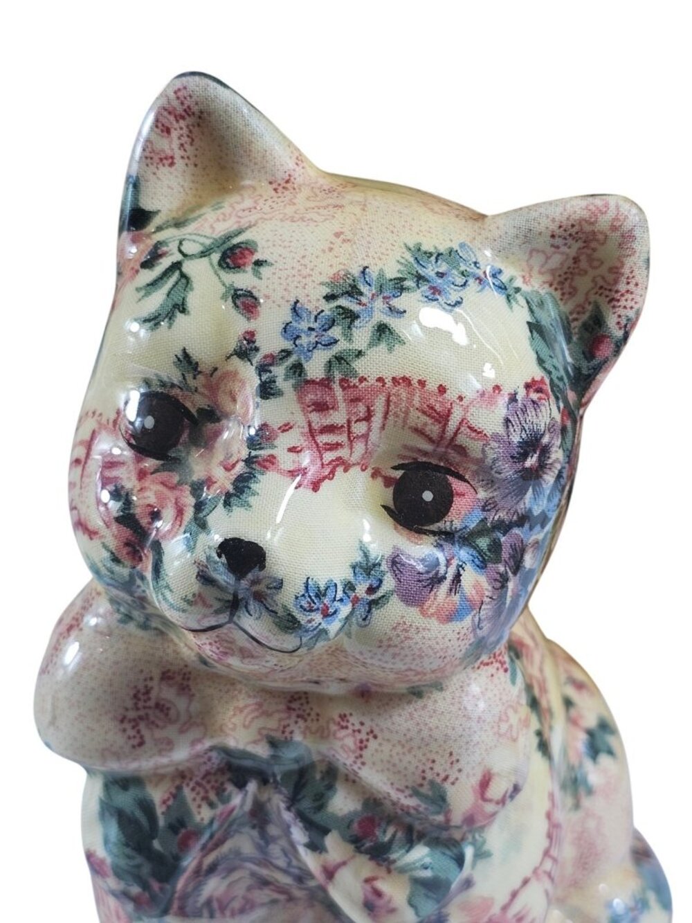 Decoupage Glazed Kitty Cat Ceramic Figurine Country Floral Fabric 7x6" Vintage - Picture 5 of 7